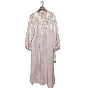 NOS Vintage MISS ELAINE S Pink Satin Brushed Inside Nightgown Lace Cottage Core